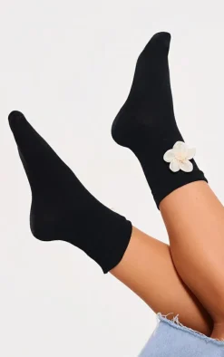Black Chiffon Flower Detail Socks