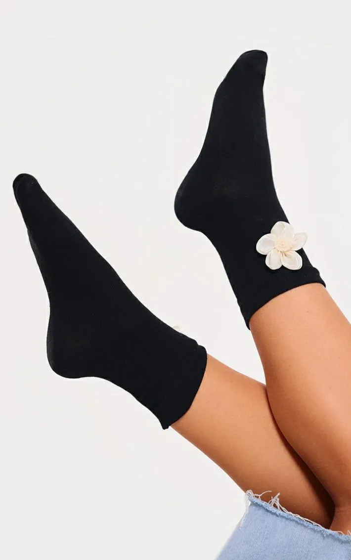 Black Chiffon Flower Detail Socks