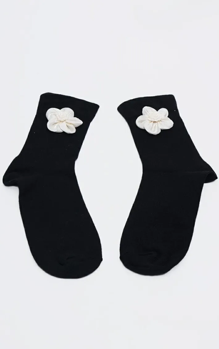 Black Chiffon Flower Detail Socks