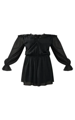 Black Chiffon Frill Bardot Shift Dress