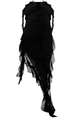 Black Chiffon Frill Detail Plunge Midaxi Dress