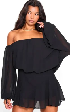 Black Chiffon One Shoulder Floaty Skort Romper
