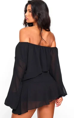 Black Chiffon One Shoulder Floaty Skort Romper