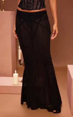 Black Chiffon Overlock Seam Detail Fish Tail Maxi Skirt