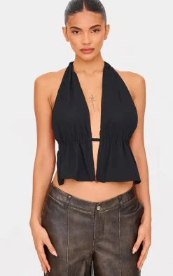 Black Chiffon Plunge Backless Long Top