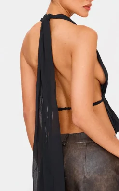 Black Chiffon Plunge Backless Long Top