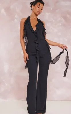 Black Chiffon Plunge Extreme Frill Detail Jumpsuit