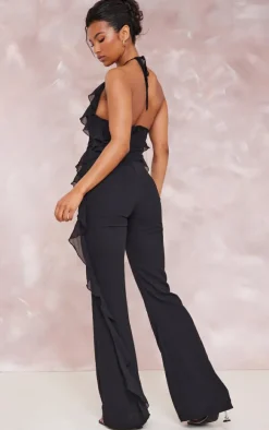 Black Chiffon Plunge Extreme Frill Detail Jumpsuit