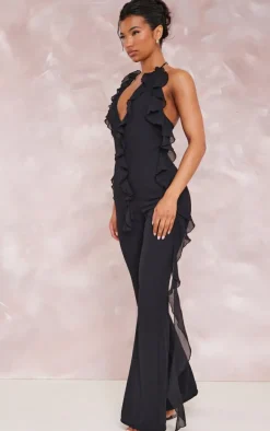 Black Chiffon Plunge Extreme Frill Detail Jumpsuit