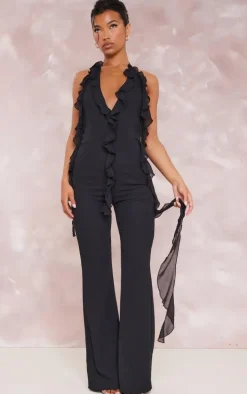 Black Chiffon Plunge Extreme Frill Detail Jumpsuit
