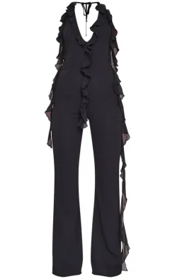 Black Chiffon Plunge Extreme Frill Detail Jumpsuit
