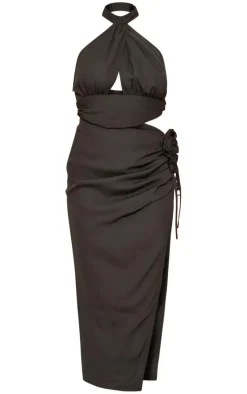 Black Chiffon Rose Trim Cut Out Halter Tie Midi Dress