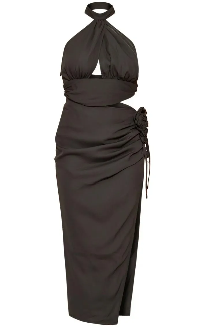 Black Chiffon Rose Trim Cut Out Halter Tie Midi Dress