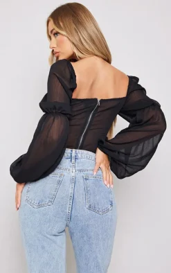 Black Chiffon Ruched Bust Balloon Sleeve Long Sleeve Boned Corset