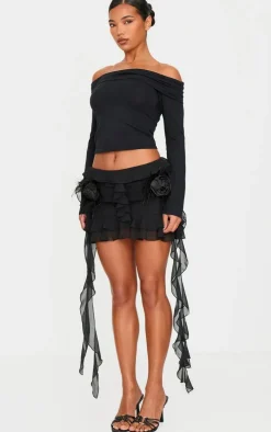 Black Chiffon Ruffle Corsage Detail Micro Mini Skirt
