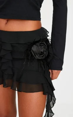 Black Chiffon Ruffle Corsage Detail Micro Mini Skirt
