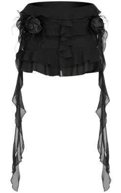 Black Chiffon Ruffle Corsage Detail Micro Mini Skirt
