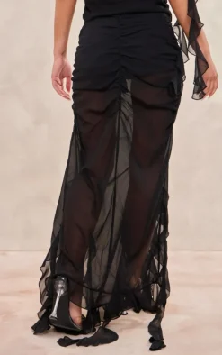 Black Chiffon Ruffle Detail Midaxi Skirt