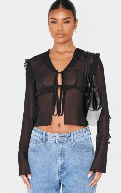 Black Chiffon Ruffle Fitted Tie Front Blouse