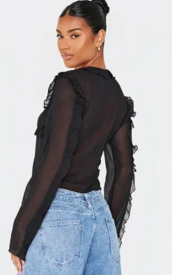 Black Chiffon Ruffle Fitted Tie Front Blouse