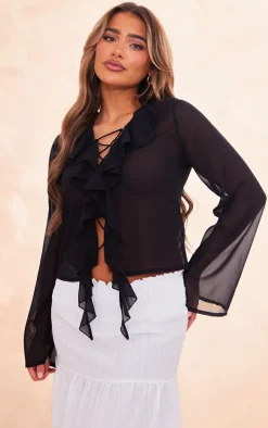 Black Chiffon Ruffle Lace Up Front Shirt