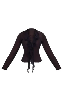 Black Chiffon Ruffle Lace Up Front Shirt