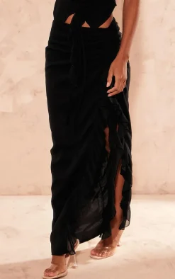 Black Chiffon Ruffle Ruched Maxi Skirt