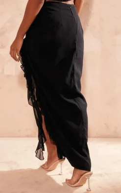 Black Chiffon Ruffle Ruched Maxi Skirt