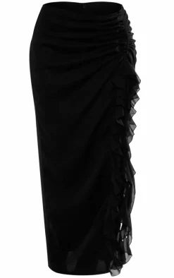Black Chiffon Ruffle Ruched Maxi Skirt