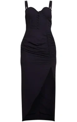 Black Chiffon Underwired Corset Button Ruched Midaxi Dress