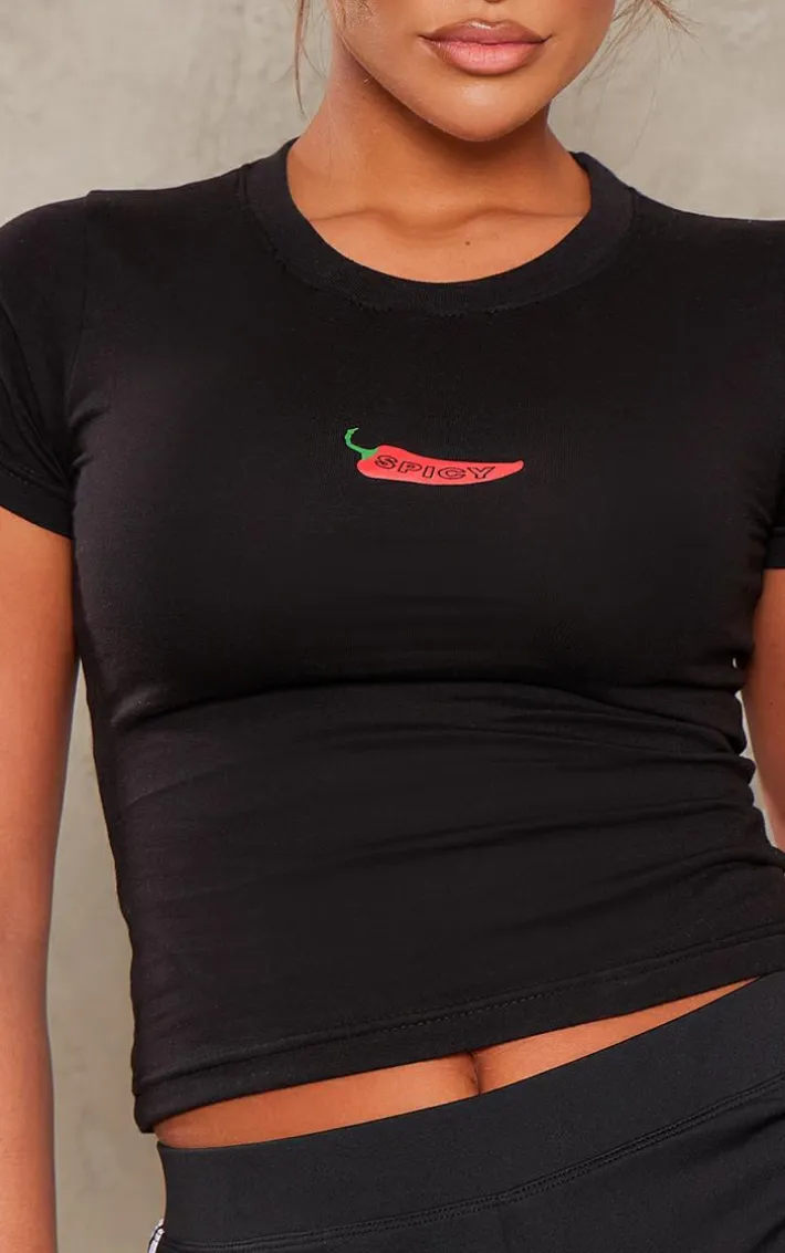 Black Chilli Print Fitted Short Sleeve T Shirt