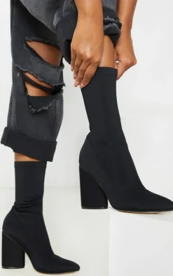 Black Chunky Block Heel Sock Boot