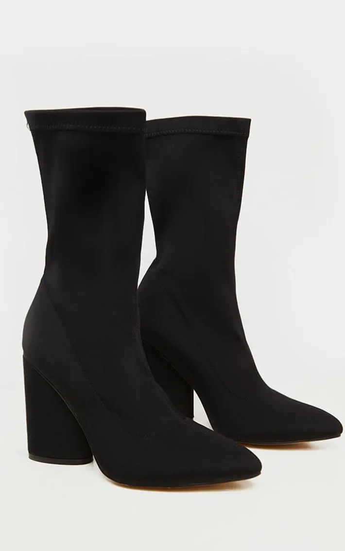 Black Chunky Block Heel Sock Boot