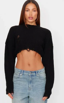 Black Chunky Knit Distressed Hem Crop Sweater
