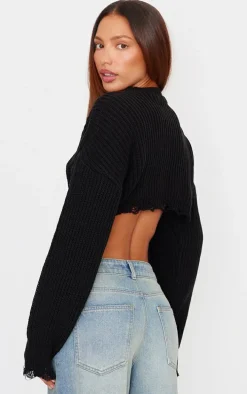 Black Chunky Knit Distressed Hem Crop Sweater