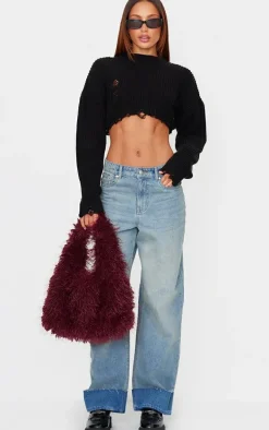 Black Chunky Knit Distressed Hem Crop Sweater