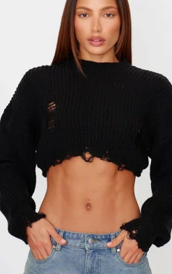 Black Chunky Knit Distressed Hem Crop Sweater