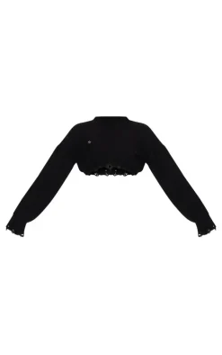 Black Chunky Knit Distressed Hem Crop Sweater