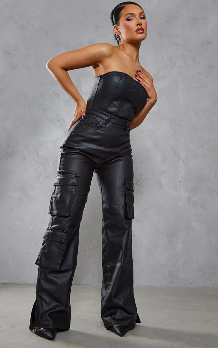 Black Coated Cargo Pocket Bandeau Denim Jumpsuit