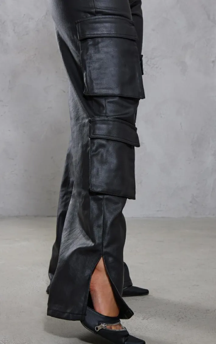 Black Coated Cargo Pocket Bandeau Denim Jumpsuit