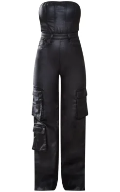 Black Coated Cargo Pocket Bandeau Denim Jumpsuit