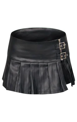 Black Coated Denim Buckle Detail Ultra Mini Skirt