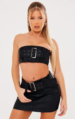 Black Coated Denim Buckle Detail Bandeau Top & Mini Skirt Set