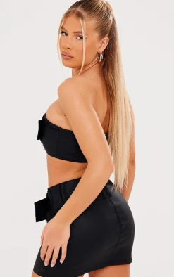 Black Coated Denim Buckle Detail Bandeau Top & Mini Skirt Set