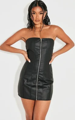 Black Coated Denim Exposed Seam Zip Up Bandeau Dress