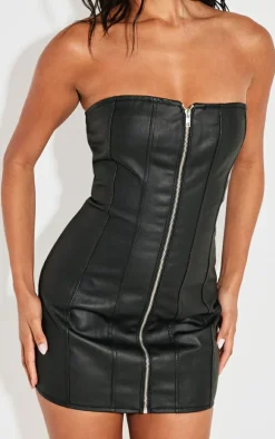 Black Coated Denim Exposed Seam Zip Up Bandeau Dress