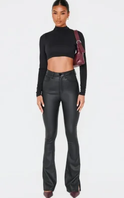 Black Coated Denim Split Hem Flares