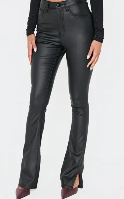 Black Coated Denim Split Hem Flares