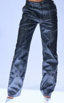 Black Coated Denim Stitch Detail Straight Leg Jeans