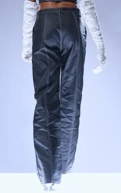 Black Coated Denim Stitch Detail Straight Leg Jeans